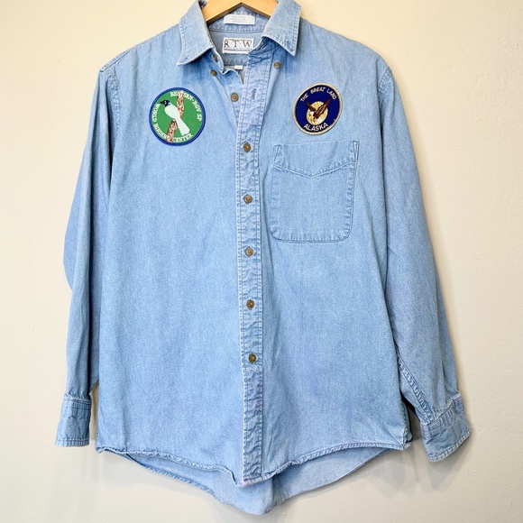 RTW | VTG Scout Patches Chambray Button Up Unisex Uniform Work Shacket Shirt - Picture 1 of 15